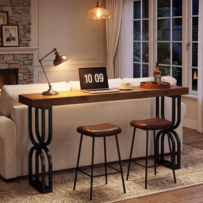 Tribesigns Konsolentisch aus Massivholz, 150 cm schmaler Flurtisch im Industrial-Stil mit U-förmigen Metallbeinen