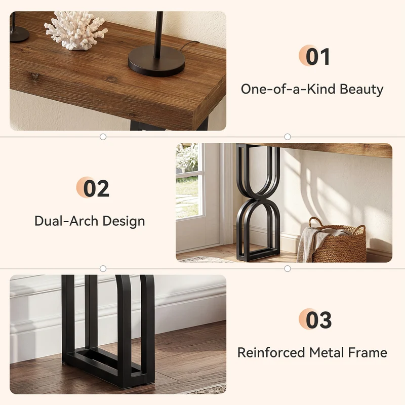 Tribesigns Konsolentisch aus Massivholz, 150 cm schmaler Flurtisch im Industrial-Stil mit U-förmigen Metallbeinen