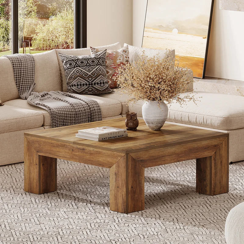 100 cm Quadratischer Couchtisch, Wohnzimmertisch aus Holz mit robusten Beinen für Sofa & Schlafzimmer