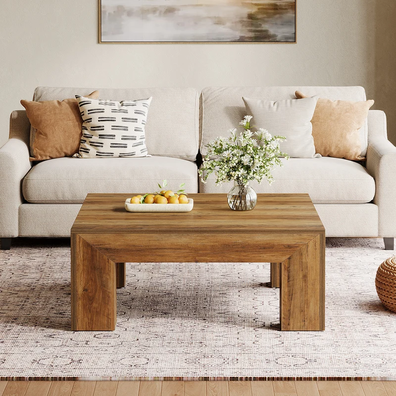 100 cm Quadratischer Couchtisch, Wohnzimmertisch aus Holz mit robusten Beinen für Sofa & Schlafzimmer