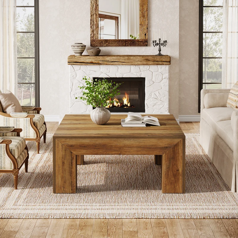 100 cm Quadratischer Couchtisch, Wohnzimmertisch aus Holz mit robusten Beinen für Sofa & Schlafzimmer