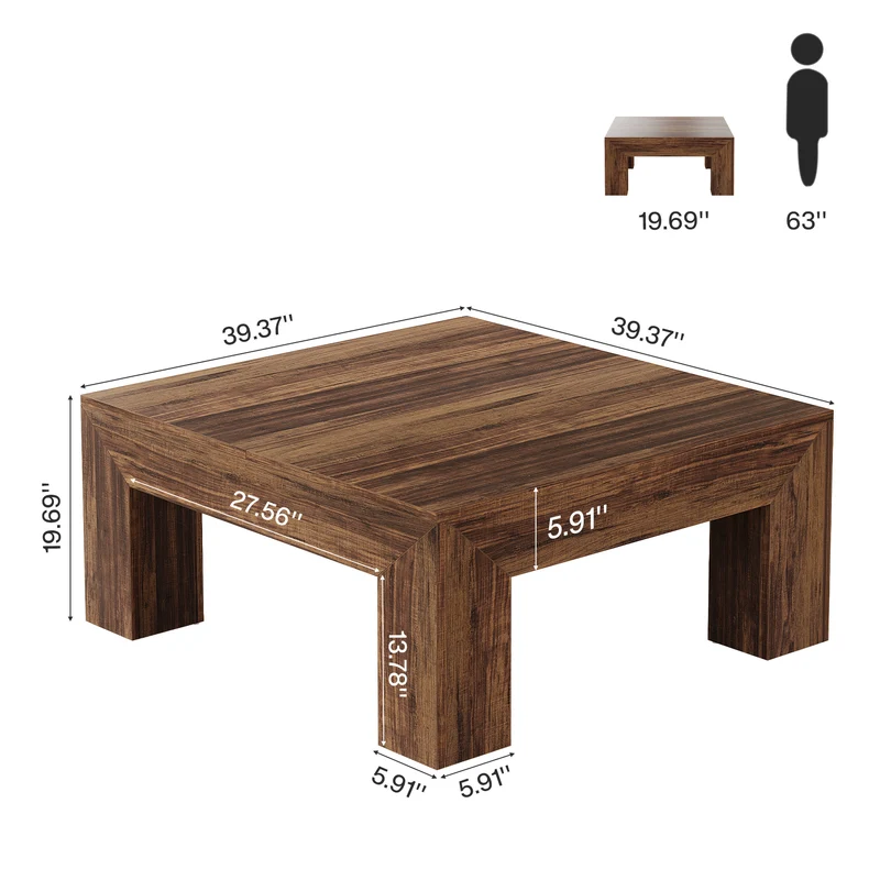 100 cm Quadratischer Couchtisch, Wohnzimmertisch aus Holz mit robusten Beinen für Sofa & Schlafzimmer