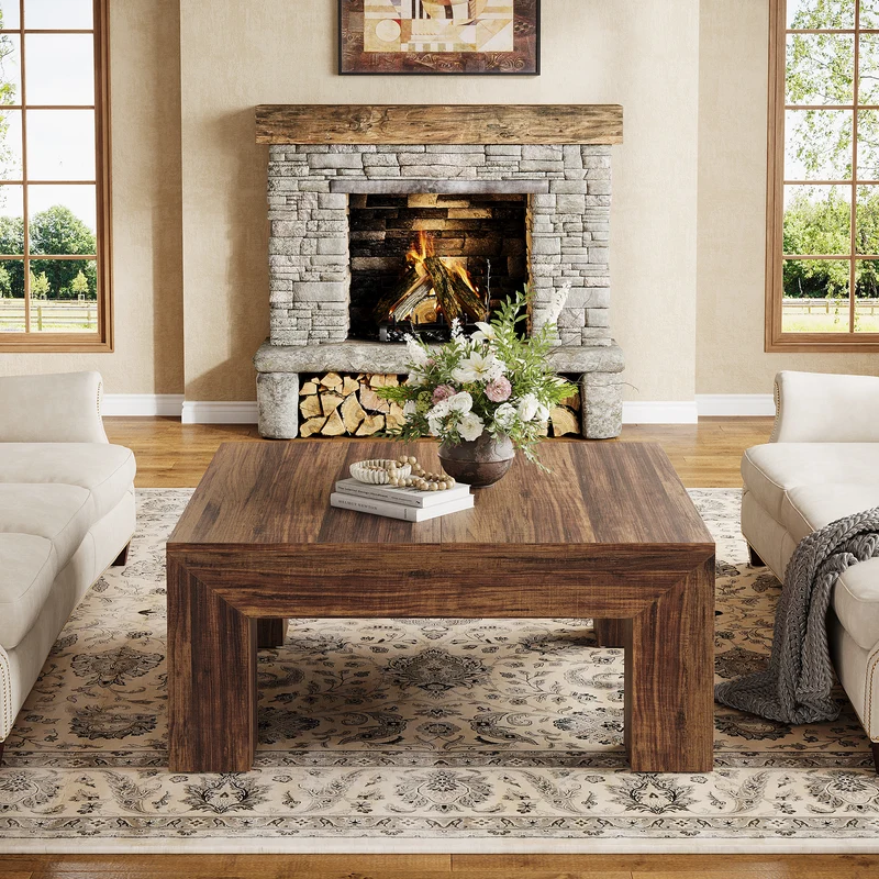 100 cm Quadratischer Couchtisch, Wohnzimmertisch aus Holz mit robusten Beinen für Sofa & Schlafzimmer