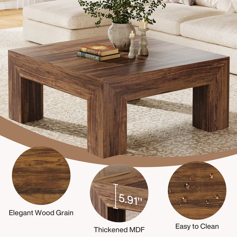 100 cm Quadratischer Couchtisch, Wohnzimmertisch aus Holz mit robusten Beinen für Sofa & Schlafzimmer