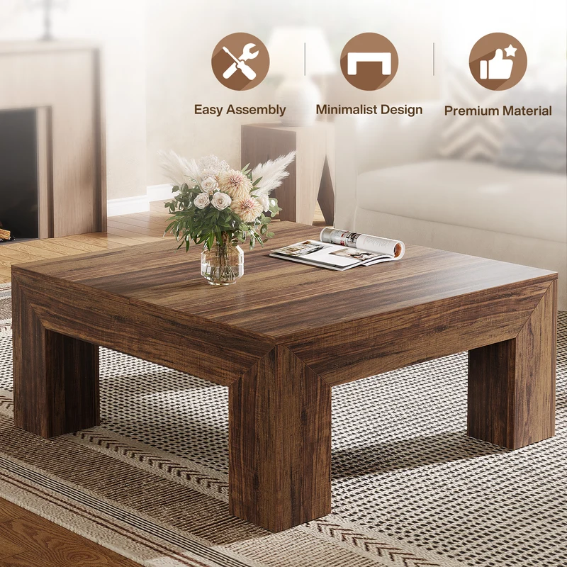100 cm Quadratischer Couchtisch, Wohnzimmertisch aus Holz mit robusten Beinen für Sofa & Schlafzimmer