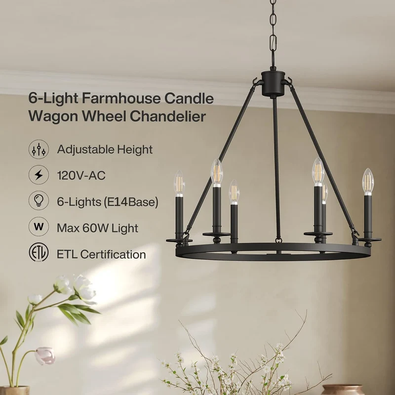 Tribesigns 6-flammiger Wagenrad Kronleuchter Schwarz im Vintage Industrial Stil, E14 Deckenlampe für Wohnzimmer & Esszimmer
