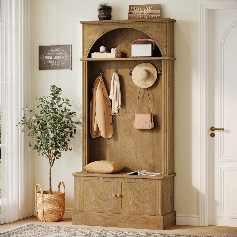 Tribesigns Garderobe mit Sitzbank & Schuhregal, Flurgarderobe 4-in-1 mit 5 Doppelhaken, verstellbare Ablagen