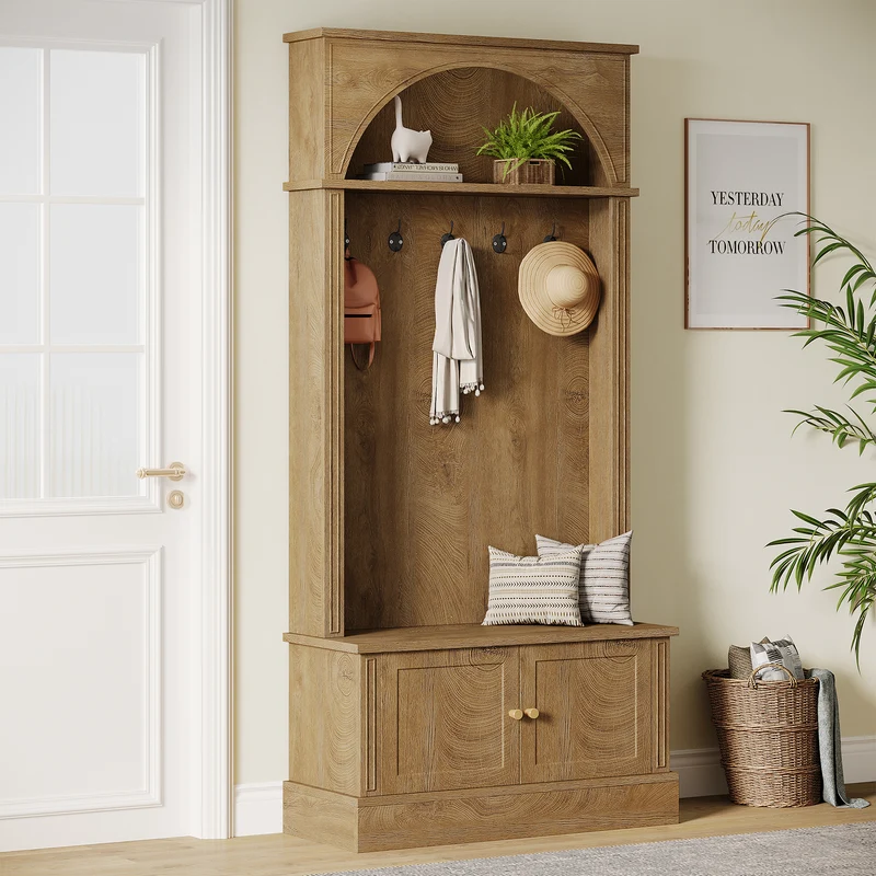 Tribesigns Garderobe mit Sitzbank & Schuhregal, Flurgarderobe 4-in-1 mit 5 Doppelhaken, verstellbare Ablagen