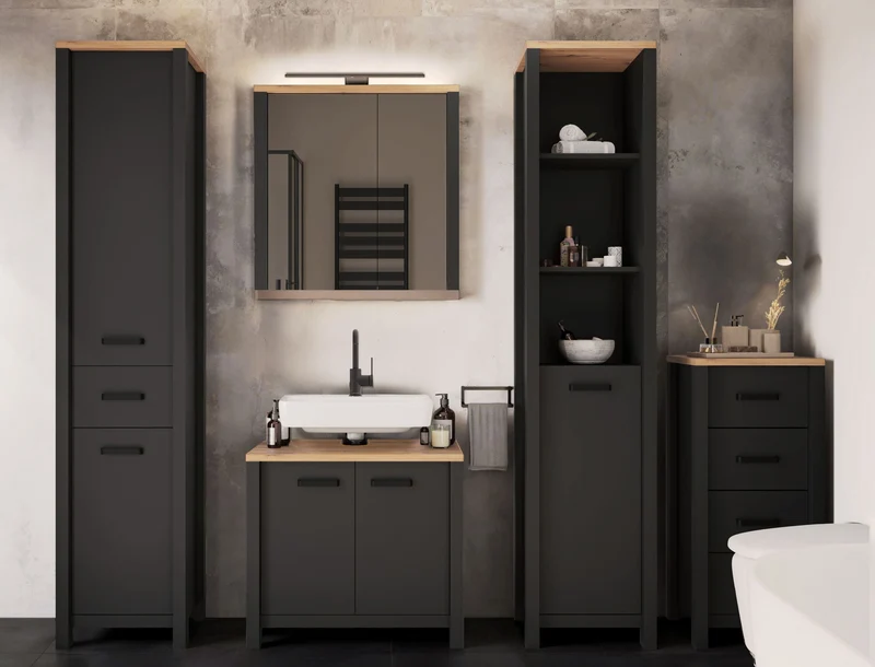 Badschrank Veneto Hochschrank Anthrazit mit Artisan-Eiche-Optik