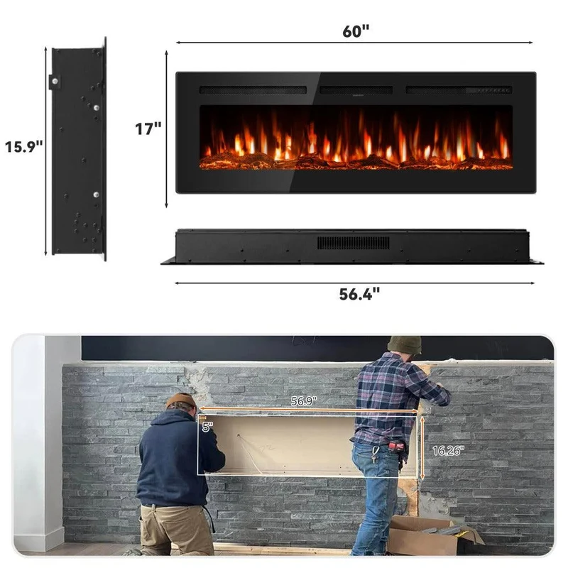 50-Inch Electric Fireplace In-Wall Recessed & Wall-Mounted