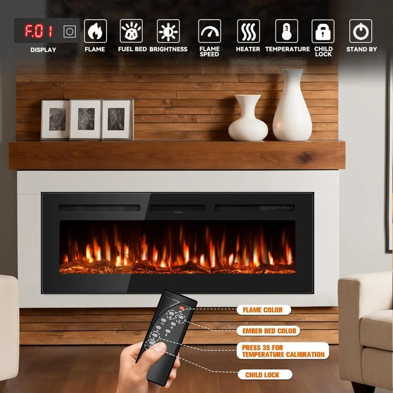 50-Inch Electric Fireplace In-Wall Recessed & Wall-Mounted