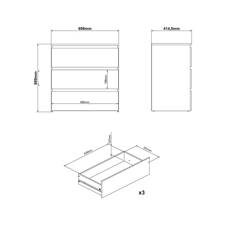 Maise Kommode 70x70x41 cm mit 3 Schubladen in weiß