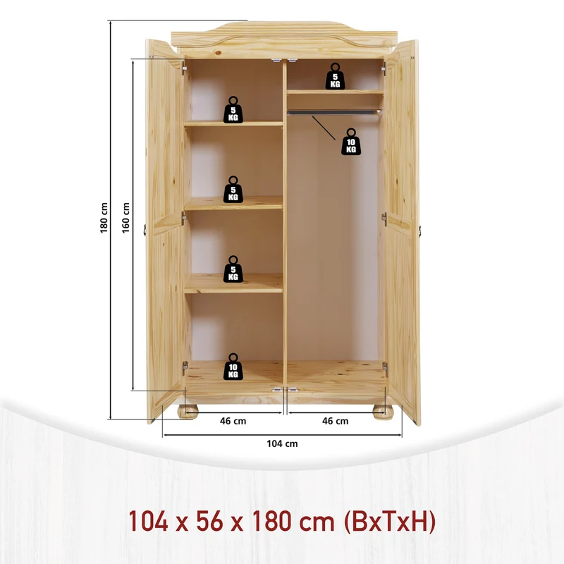 Kleiderschrank Dielenschrank Genf Kiefer Massivholz Natur