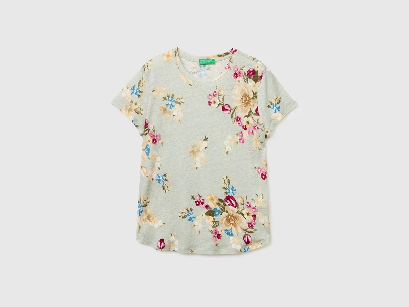 T-Shirt aus Leinenmischgewebe mit Blumenmuster