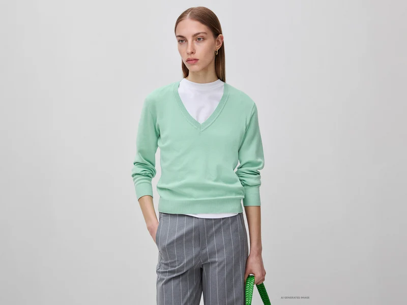 Salbeigrüner Trikot-Baumwollpullover mit V-Ausschnitt