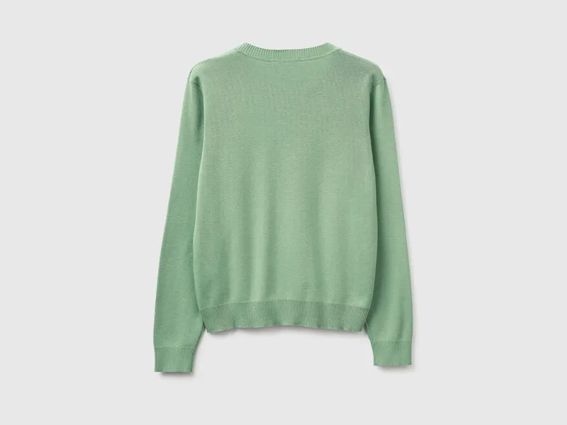 Salbeigrüner Trikot-Baumwollpullover mit V-Ausschnitt