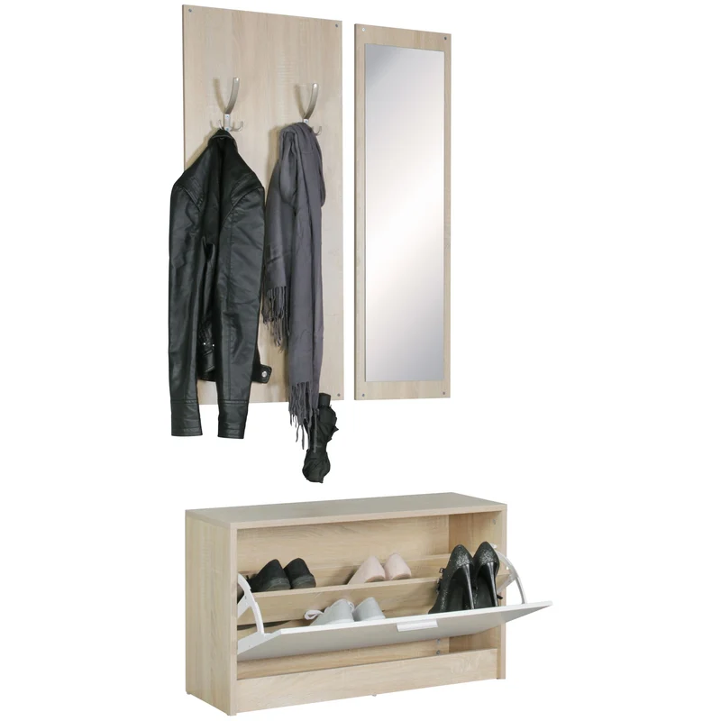 Garderobe Salerno mit Spiegel & Schuhschrank Spanplatte Sonoma Modern