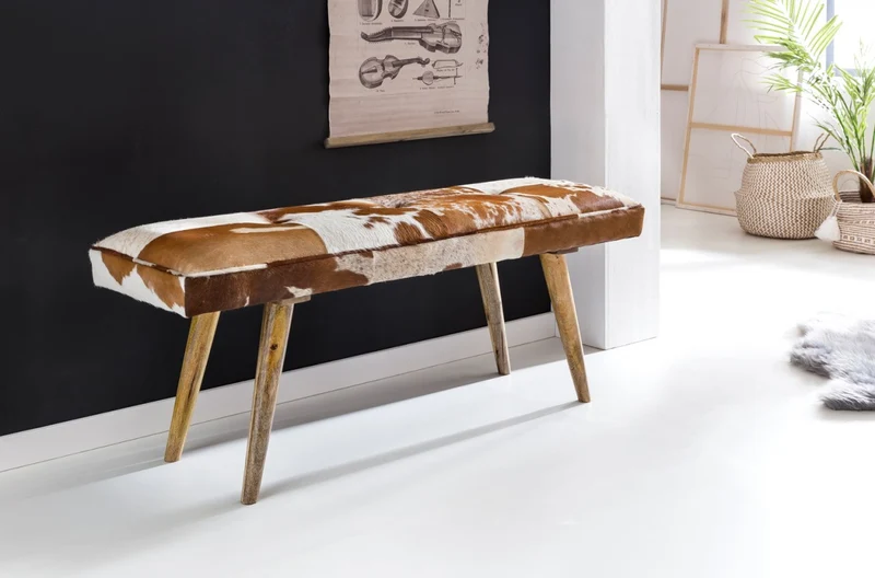 Sitzbank Ziegenfell Massivholz 120x40x52cm Polsterbank Braun Flur Esszimmer