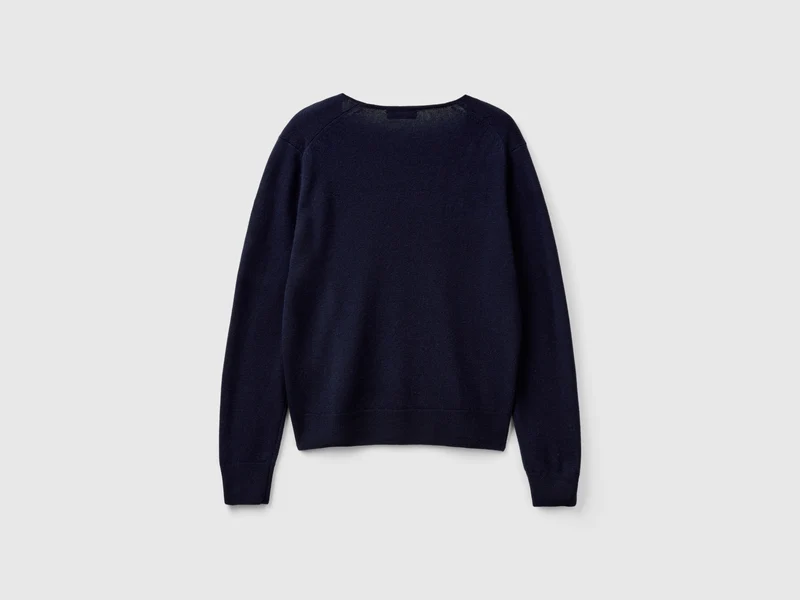 Dunkelblauer Pullover mit V-Ausschnitt aus reiner Merinowolle