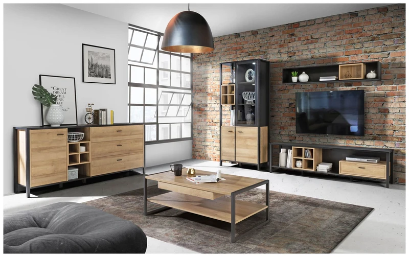 Sideboard Kommode HIGH ROCK 186 cm Riviera Eiche Optik /Schwarz, Forte