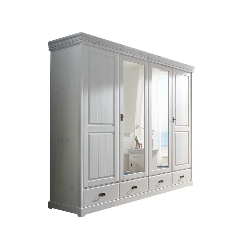 Kleiderschrank 4 trg. Kiefer massiv weiß - Skagen