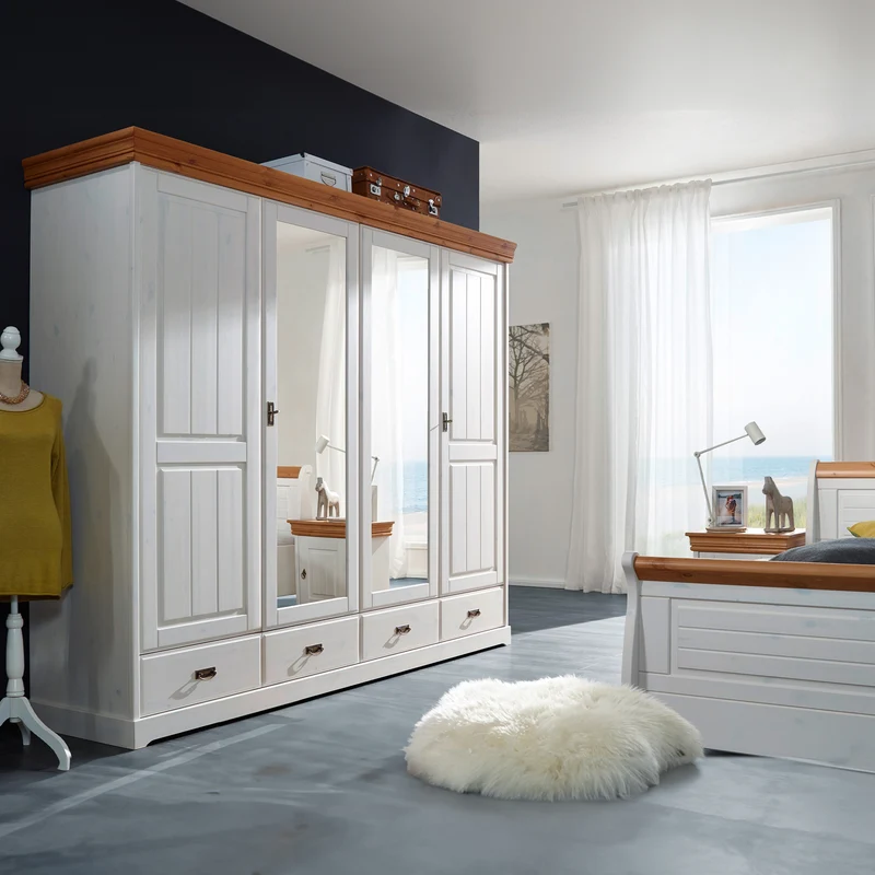 Kleiderschrank 4 trg. Kiefer massiv weiß - Skagen