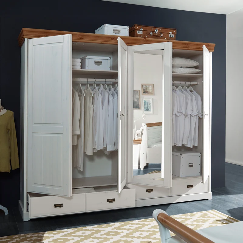Kleiderschrank 4 trg. Kiefer massiv weiß - Skagen