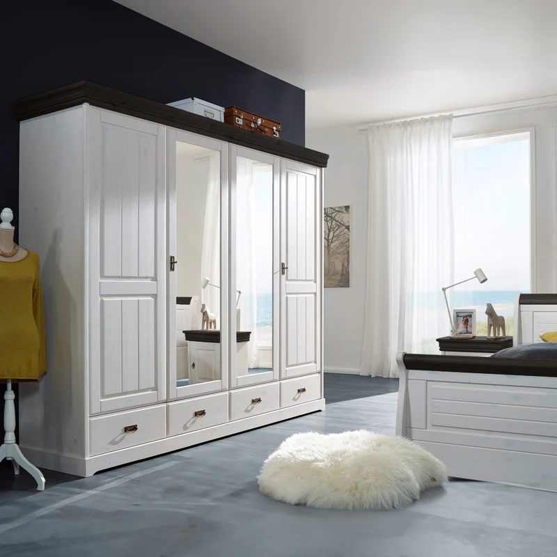 Kleiderschrank 4 trg. Kiefer massiv weiß - Skagen