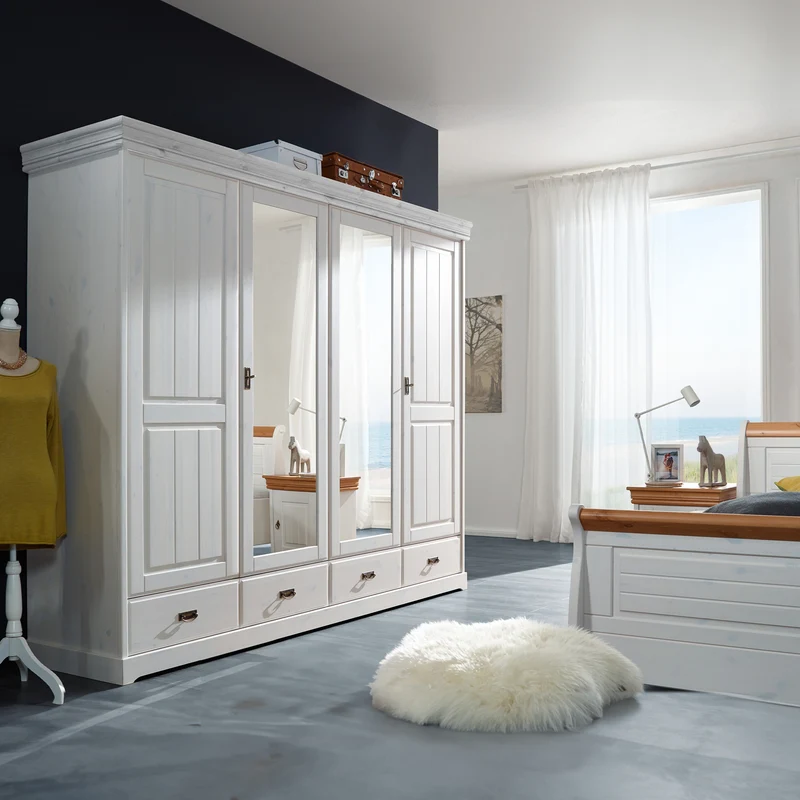 Kleiderschrank 4 trg. Kiefer massiv weiß - Skagen