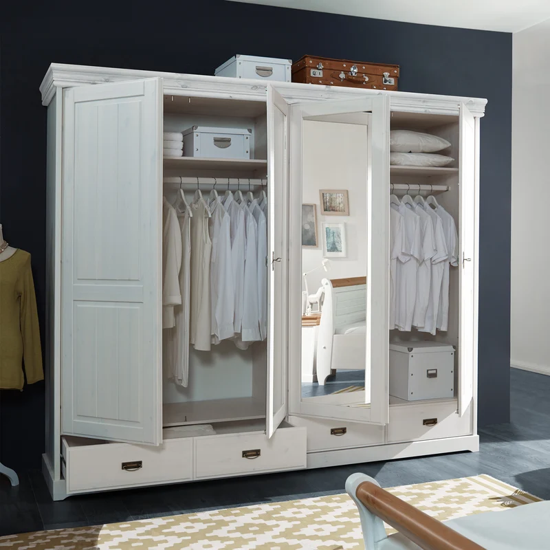 Kleiderschrank 4 trg. Kiefer massiv weiß - Skagen