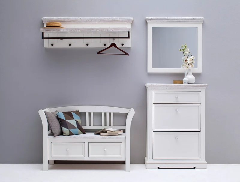 Garderobenbank Kiefer massiv Landhausstil weiß / white sanded - Opus