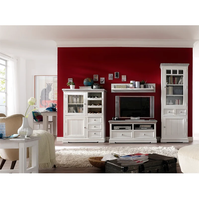 TV-Wohnwand Kiefer massiv Landhausstil weiß / white sanded - Opus