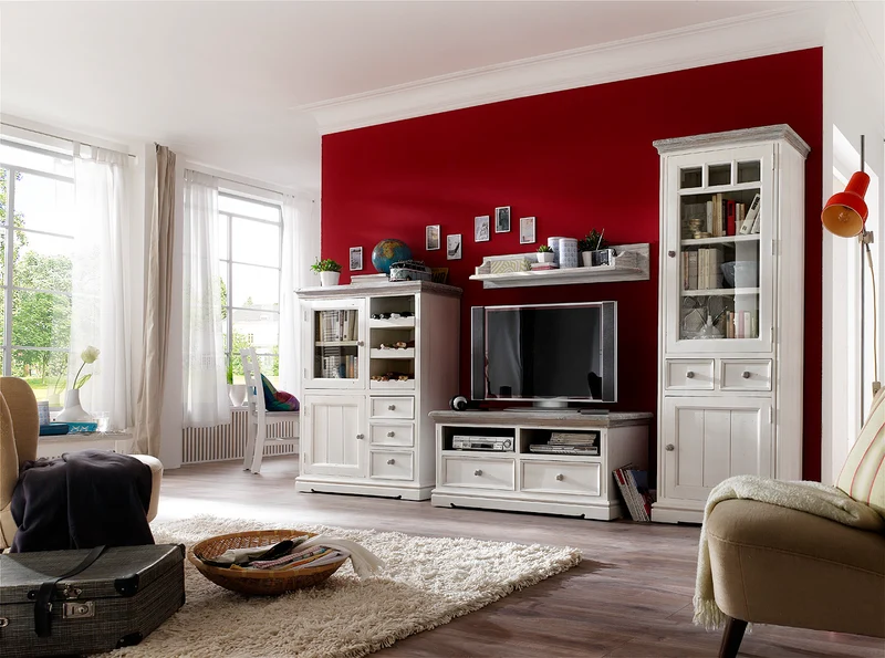 TV-Wohnwand Kiefer massiv Landhausstil weiß / white sanded - Opus