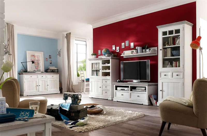 TV-Wohnwand Kiefer massiv Landhausstil weiß / white sanded - Opus