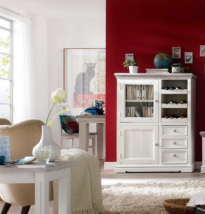 TV-Wohnwand Kiefer massiv Landhausstil weiß / white sanded - Opus