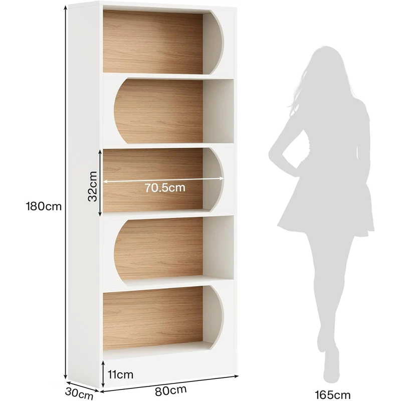 Modernes 5-stöckiges Bücherregal, 180 cm Höhe, freistehendes Design