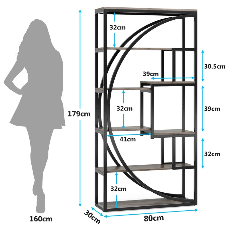 179 cm Bücherregal - Industrielles 5-stöckiges Bücherregal, mit 8 offenen Regalböden