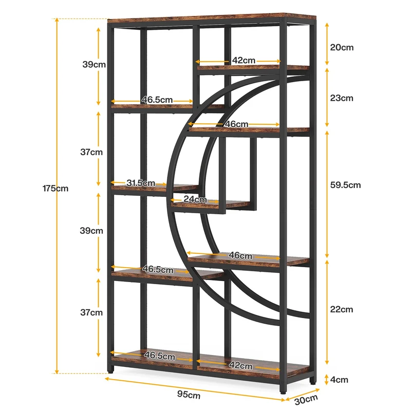 Freistehendes Bücherregal, 175 cm Etagere-Bücherregal mit 9 offenen Regalen