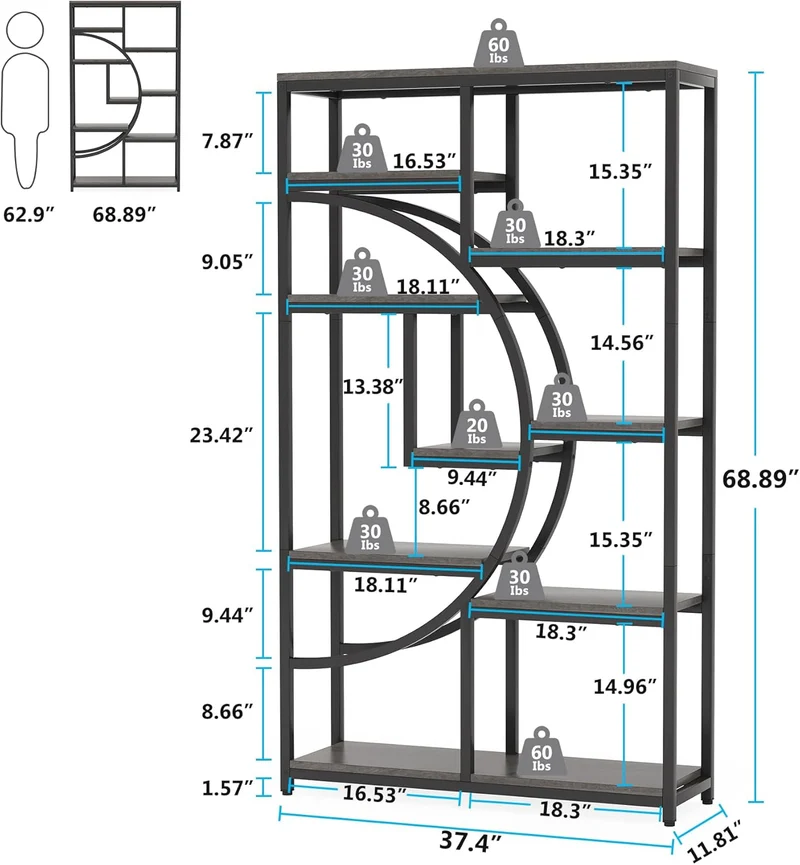 Freistehendes Bücherregal, 175 cm Etagere-Bücherregal mit 9 offenen Regalen