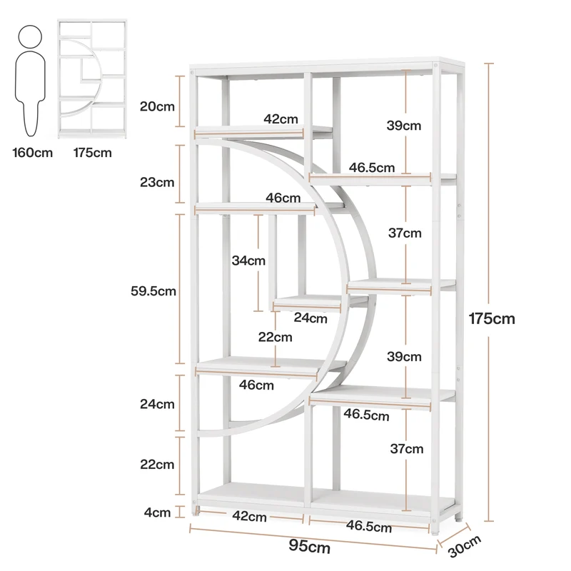 Freistehendes Bücherregal, 175 cm Etagere-Bücherregal mit 9 offenen Regalen