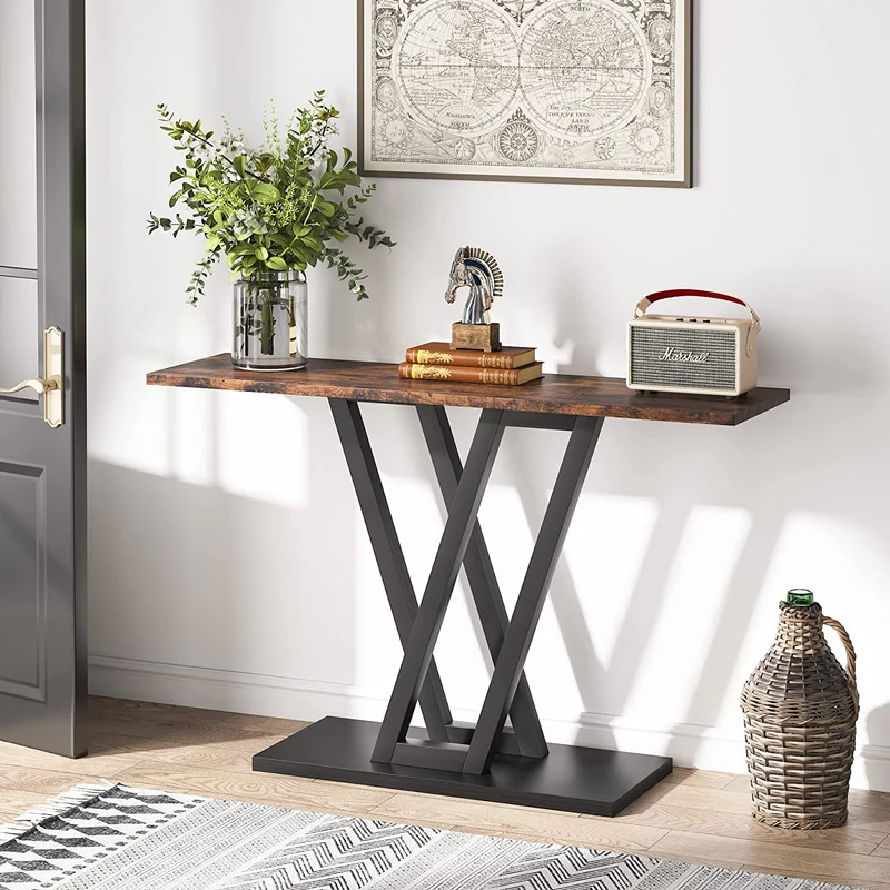 110 cm Konsolentisch im Industriedesign, Schlanker Eingangsflurtisch mit stabilem Metallgestell