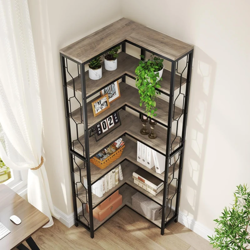 Freistehendes Bücherregal von Tribesigns, Eckregal aus Holz mit 7 Ebenen