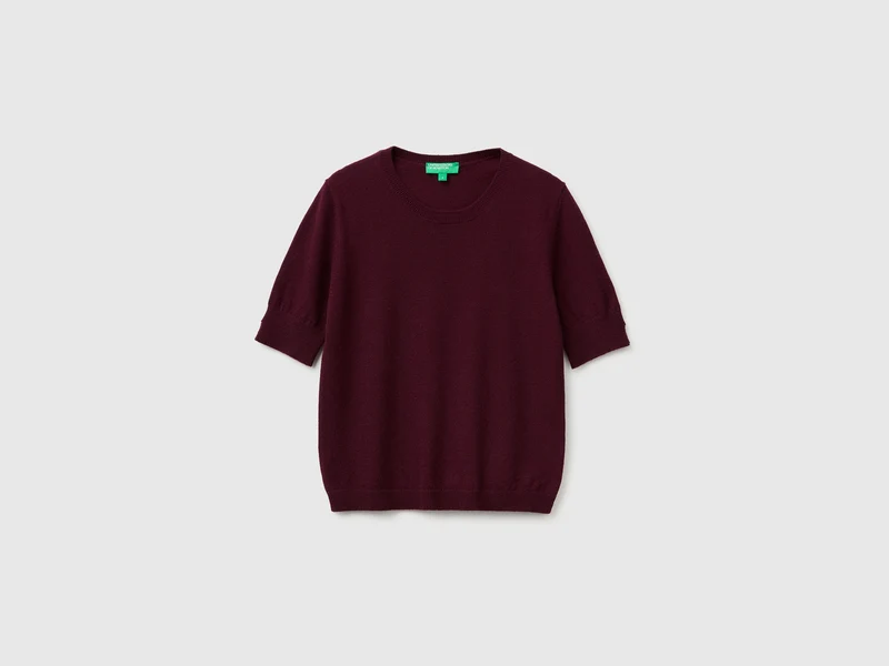 Pflaumenfarbener Kurzarmpullover aus reiner Merinowolle