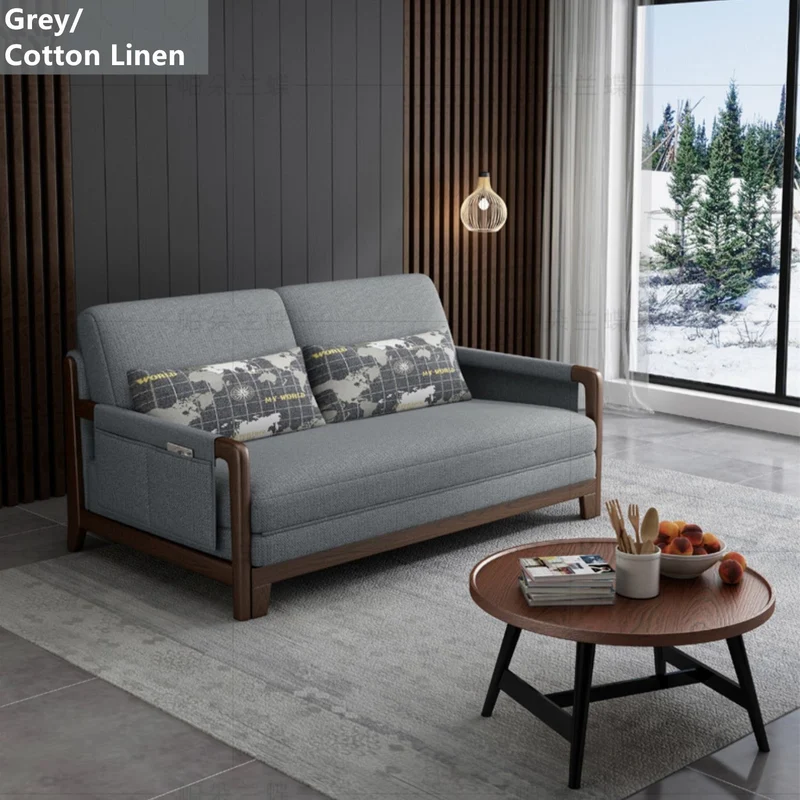 Ausziehbares Schlafsofa mit Armlehnen-Aufbewahrungstaschen, Baumwoll-Leinen-Nussbaumrahmen