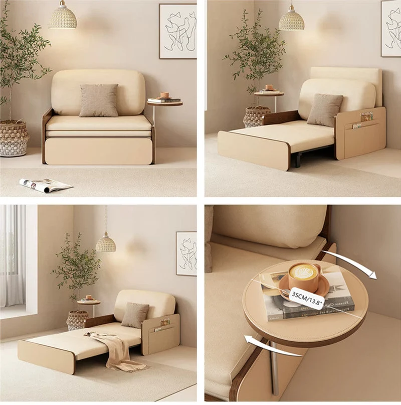 Nordic Modern Ausziehbares Schlafsofa aus Leder mit drehbarem Schreibtisch