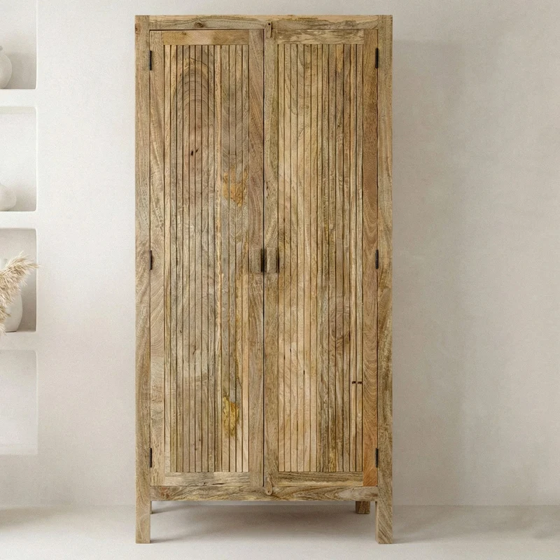 Sideboard Mango Massivholz 90x187cm, Braun mit Lamellen-Front Wohnling