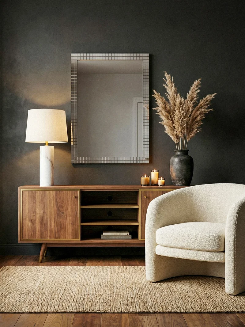 Wandspiegel Mosaik 60x90 cm Schwarz, MDF-Rahmen für Flur & Wohnzimmer
