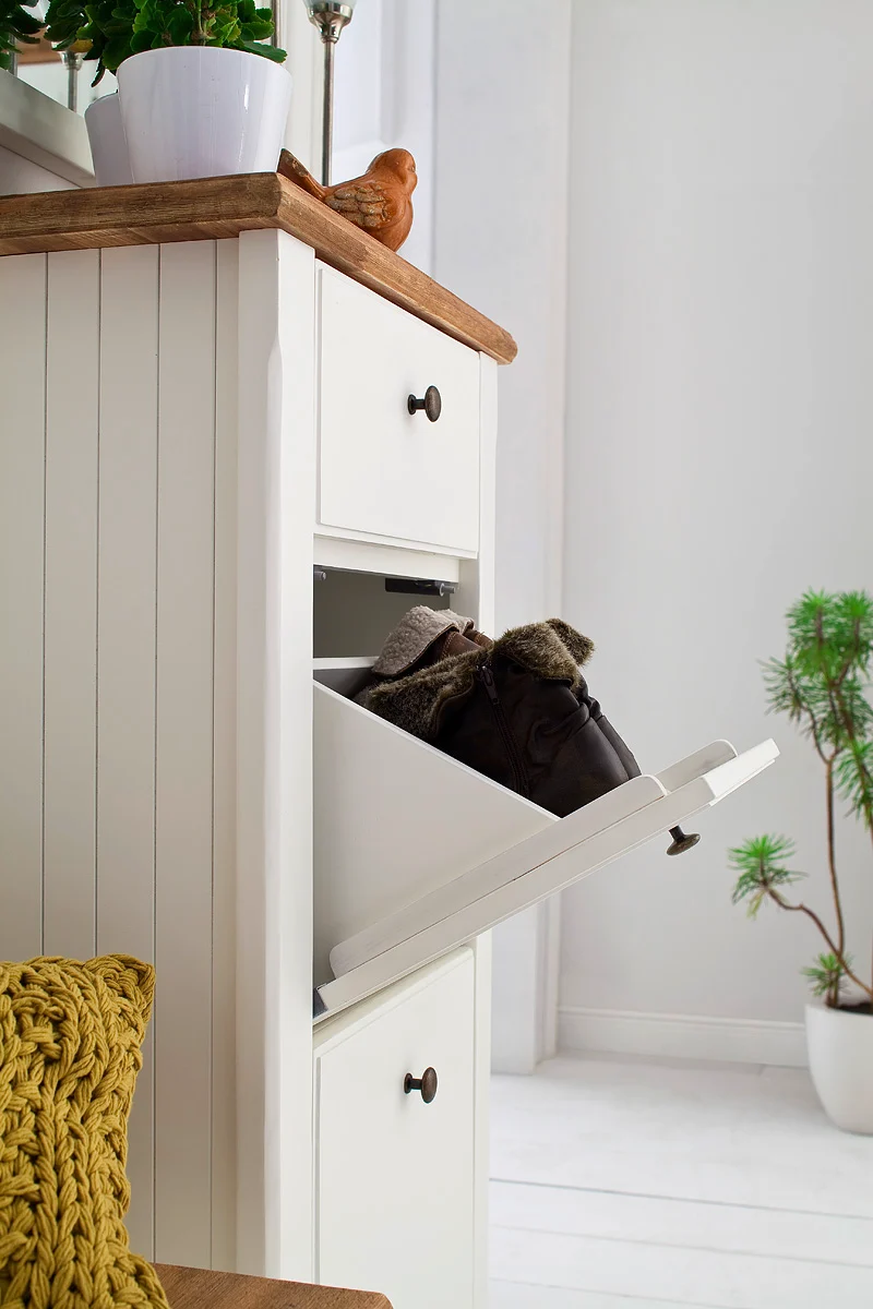 Schuhschrank Akazie massiv / MDF weiß / natur - Malin