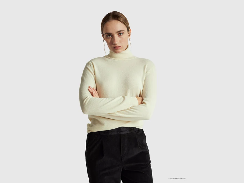 Cremefarbener Rollkragenpullover aus reiner Merinowolle