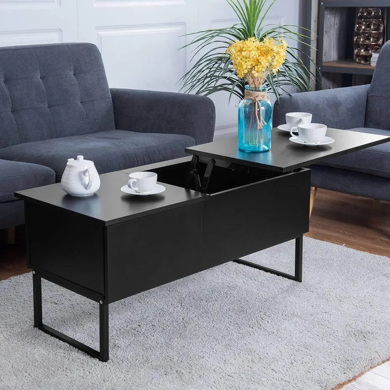 Lift-Top Coffee Table - Modern Black Wood Hidden Storage